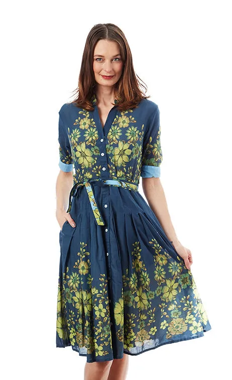 Mrs Maisel Dress - Navy Ground With Leaves Print