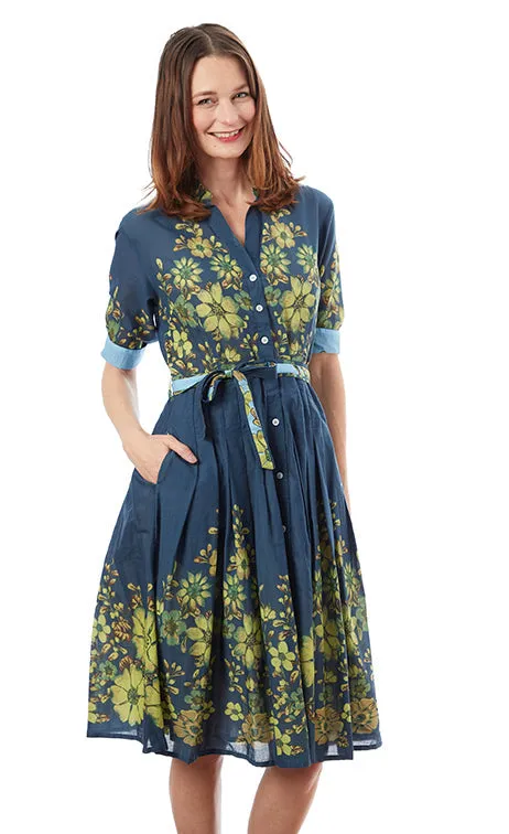 Mrs Maisel Dress - Navy Ground With Leaves Print