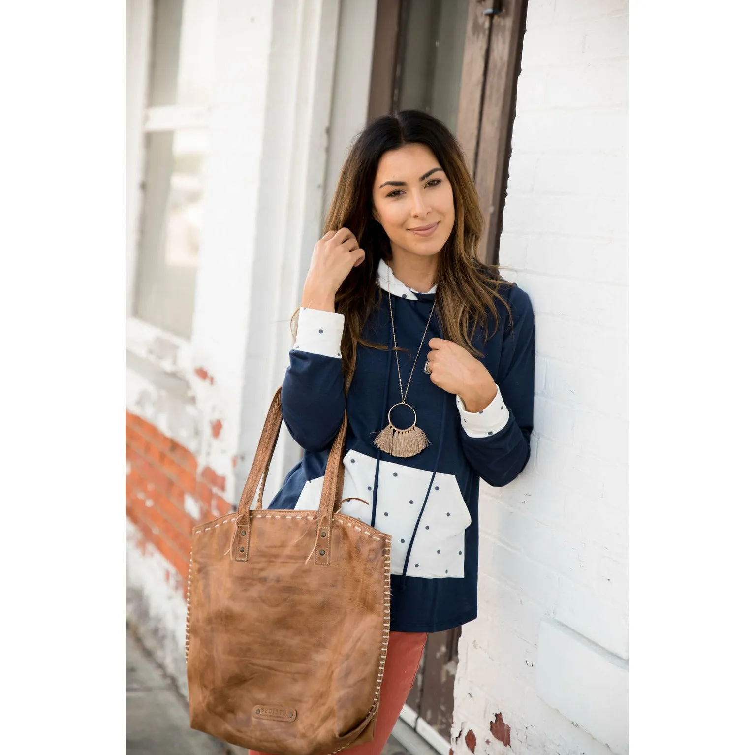 Navy Polka Dot Accent Hoodie