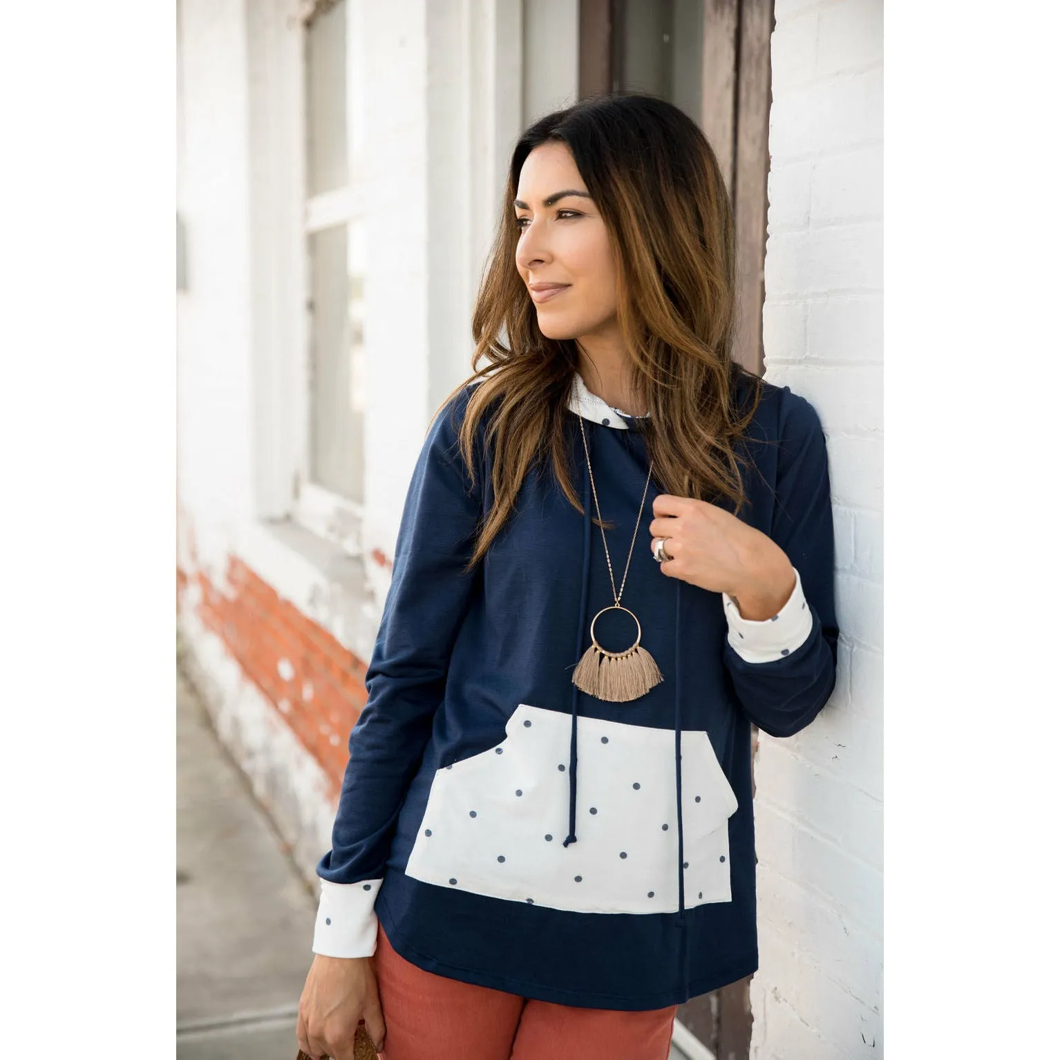 Navy Polka Dot Accent Hoodie