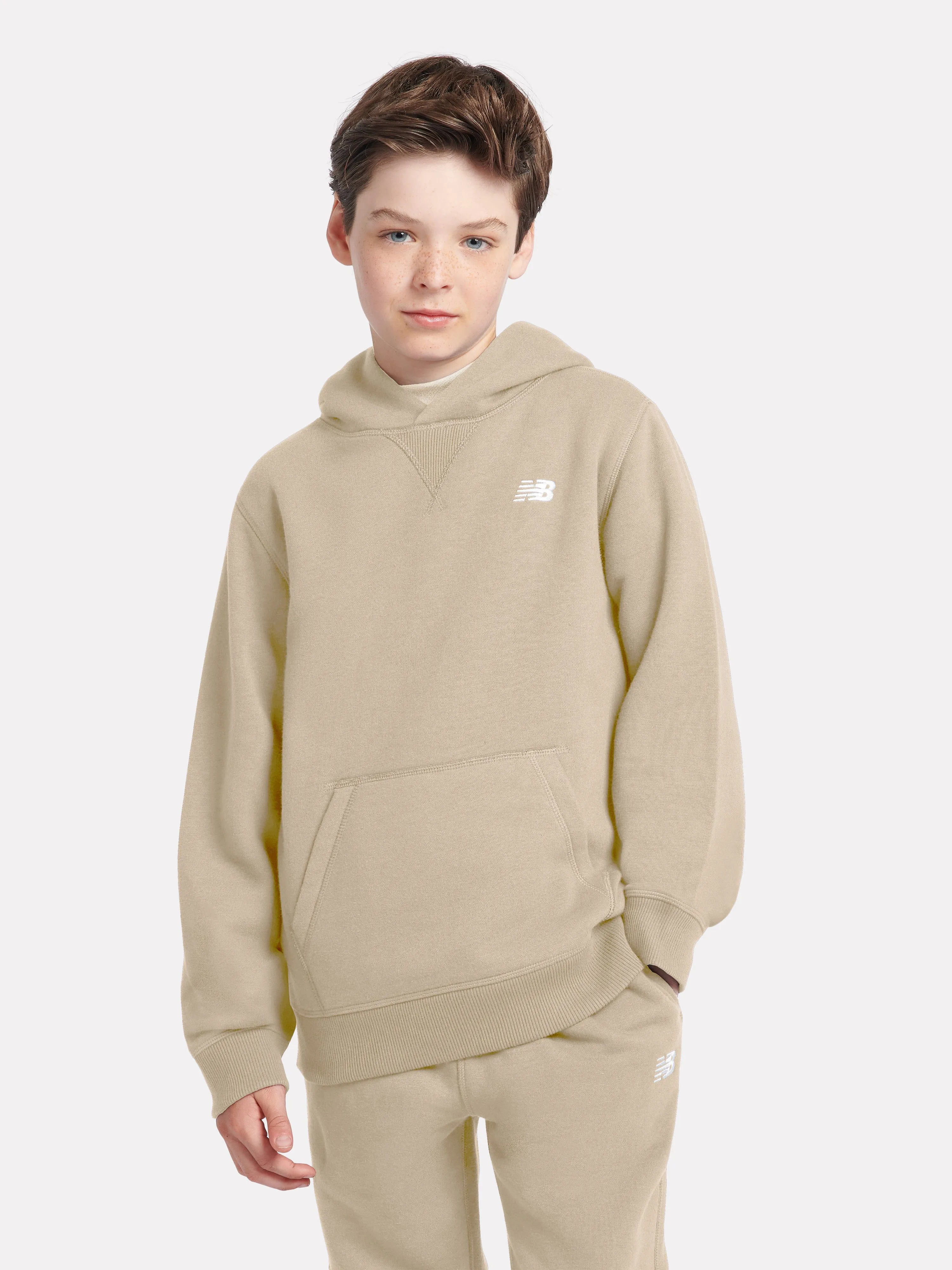 New Balance Boys Brush Back Small Logo Hoodie in Beige