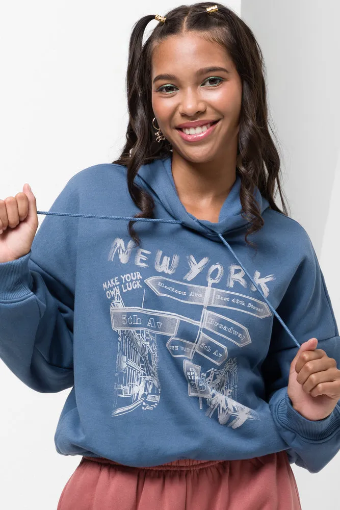 New York Cropped Hoodie Blue