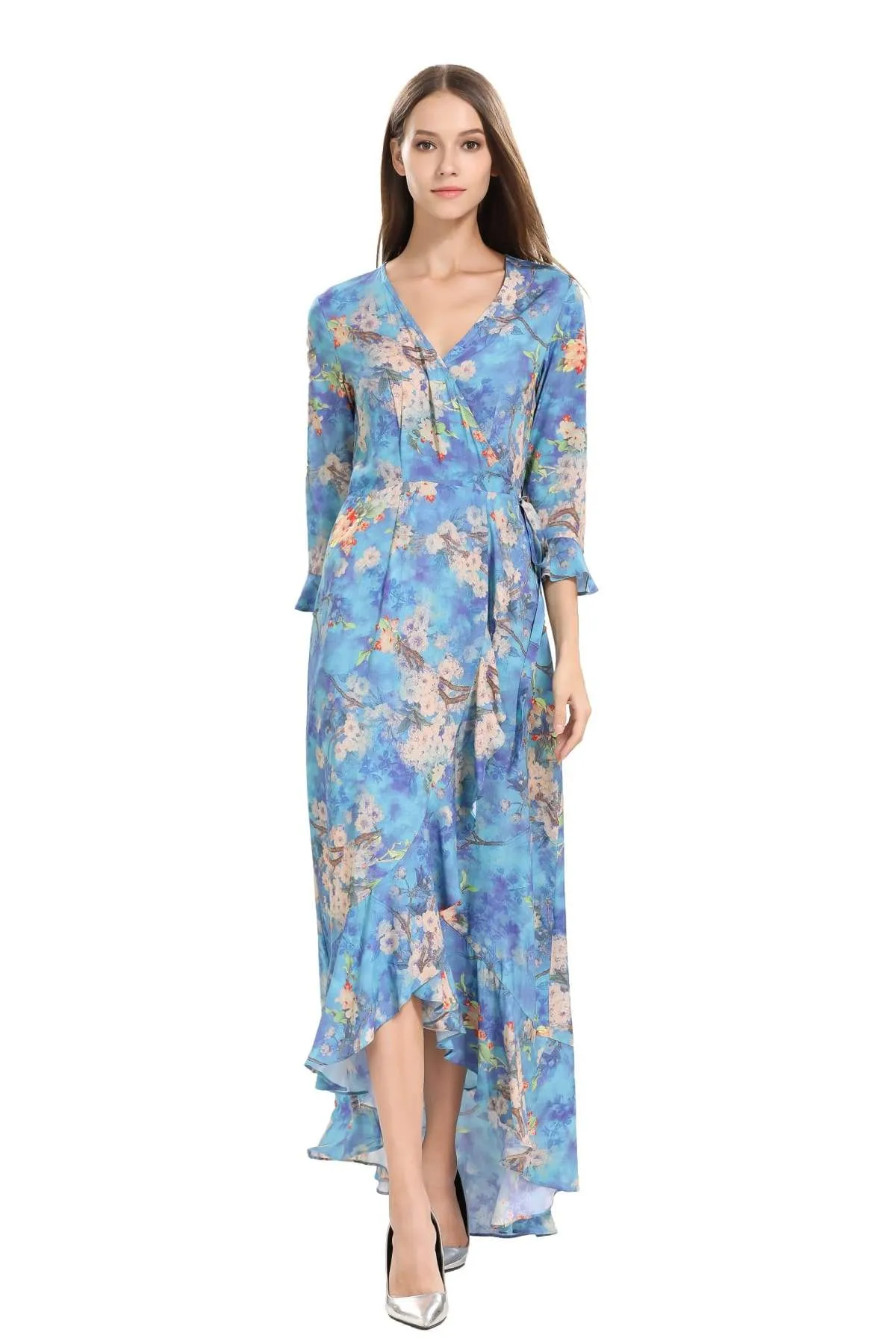 Ocean Blue Cherry Blossom Maxi Wrap Dress