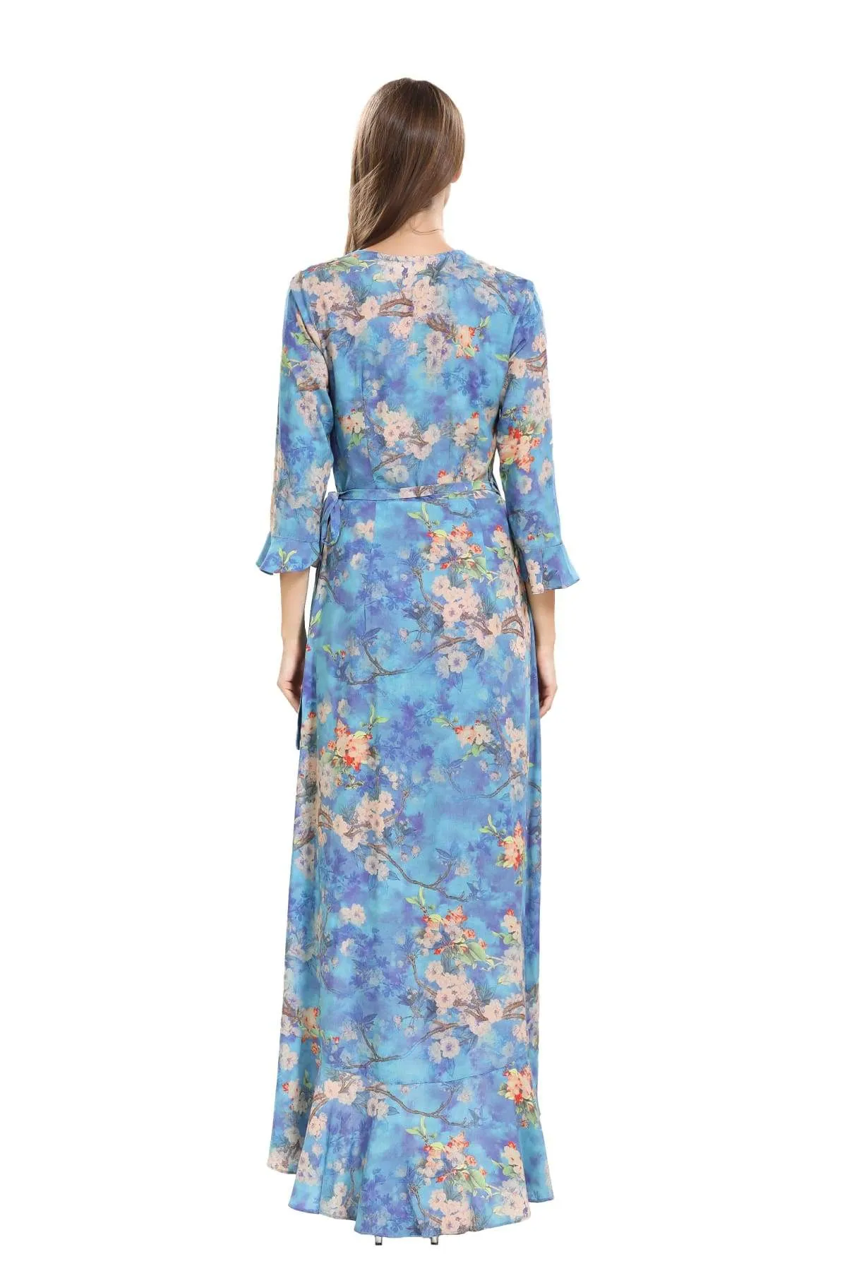 Ocean Blue Cherry Blossom Maxi Wrap Dress