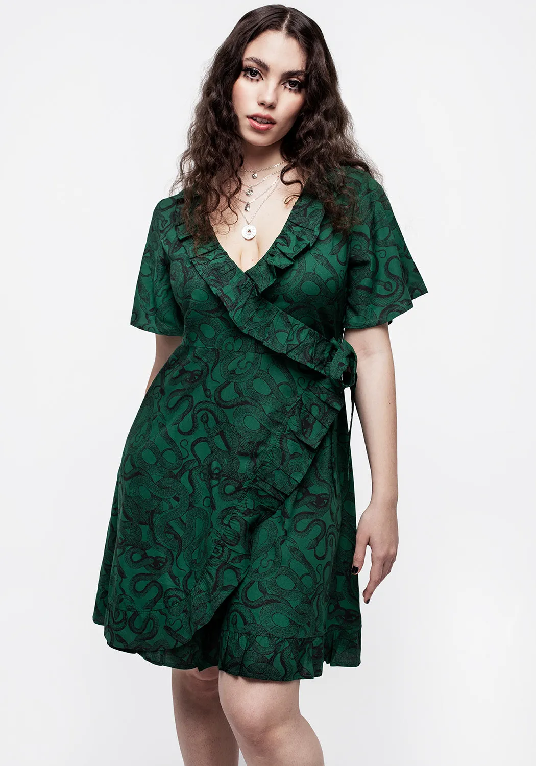 Ophidia Snake Print Ruffle Mini Dress - Green