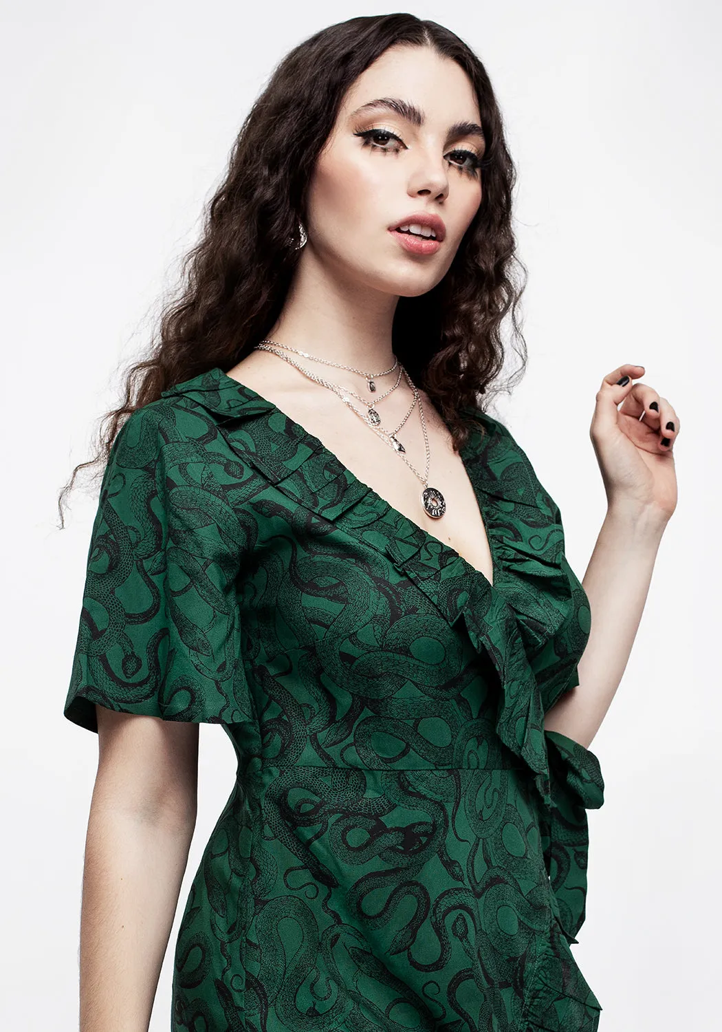 Ophidia Snake Print Ruffle Mini Dress - Green