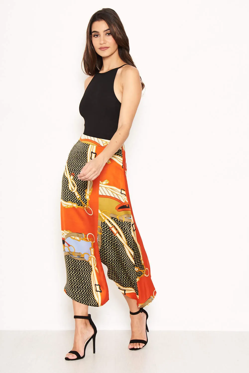 Orange Chain Printed Midi Skirt