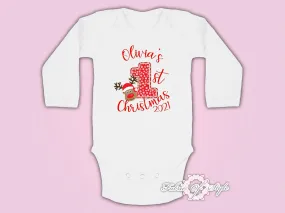 Personalised My First 1st Christmas Santa Kids Present Body Suit Vest Reindeer long sleeve