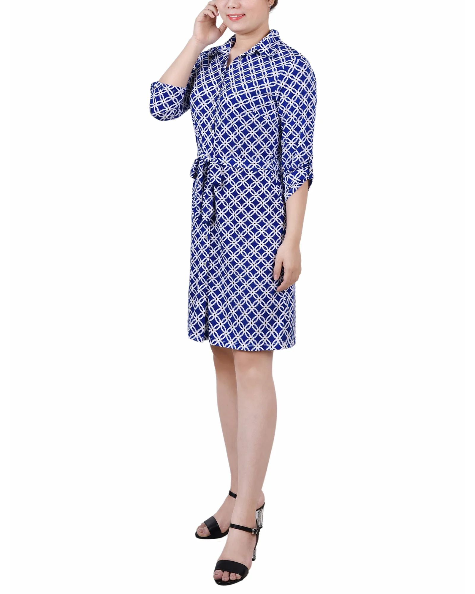 Petite 3/4 Roll Tab Sleeve Collared Dress