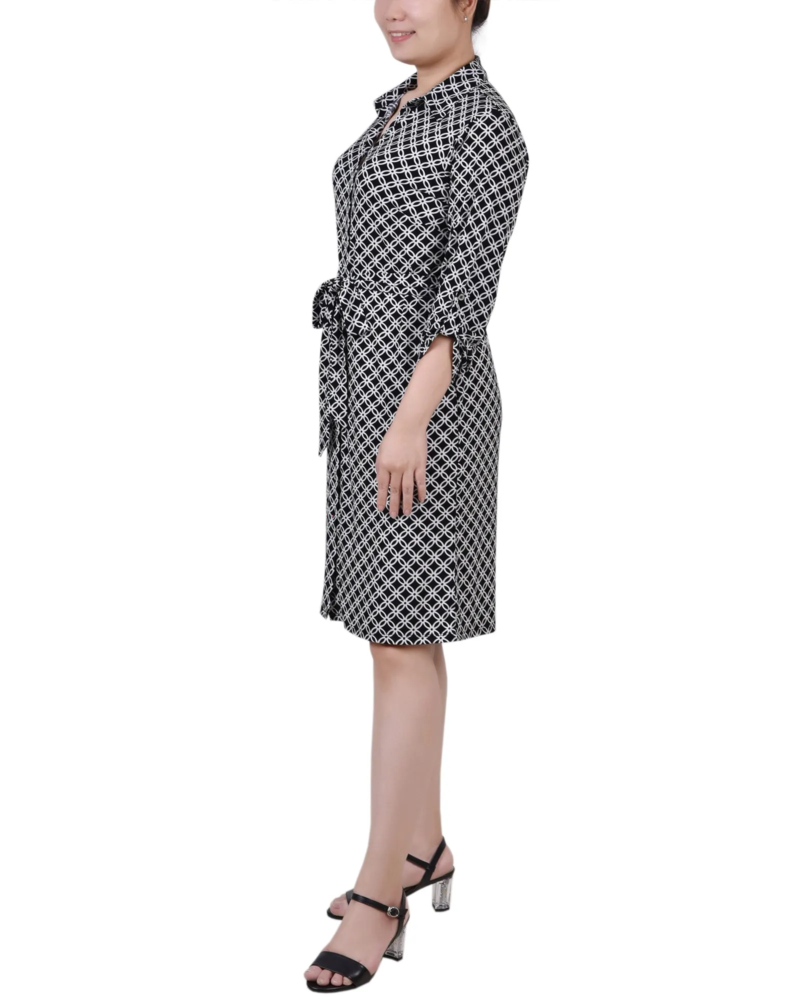 Petite 3/4 Roll Tab Sleeve Collared Dress