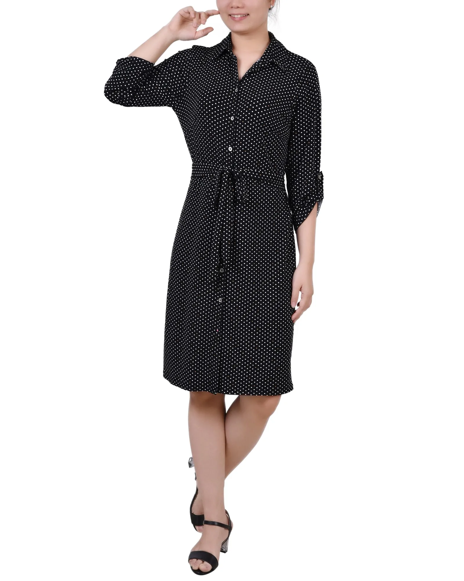 Petite 3/4 Roll Tab Sleeve Collared Dress