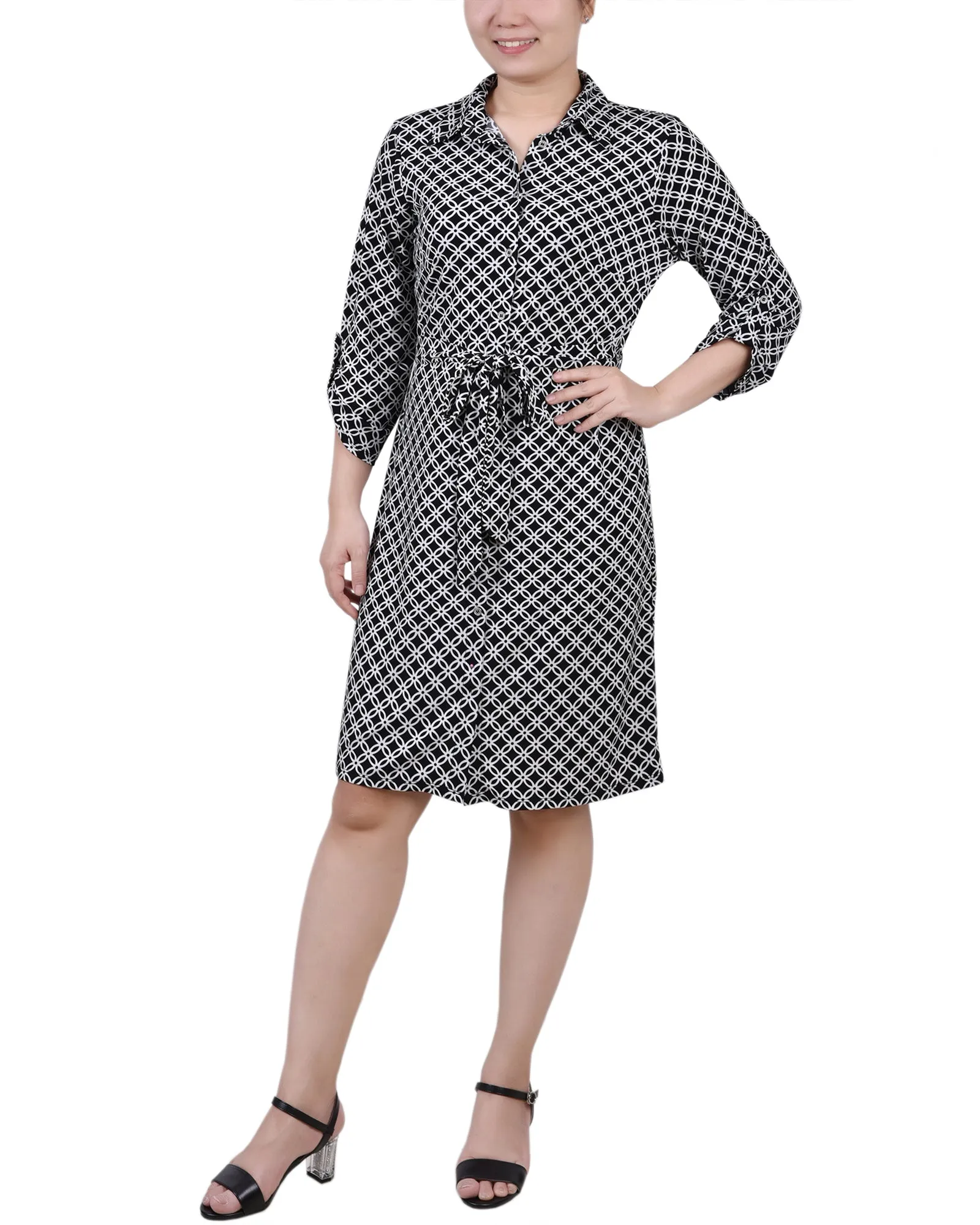 Petite 3/4 Roll Tab Sleeve Collared Dress