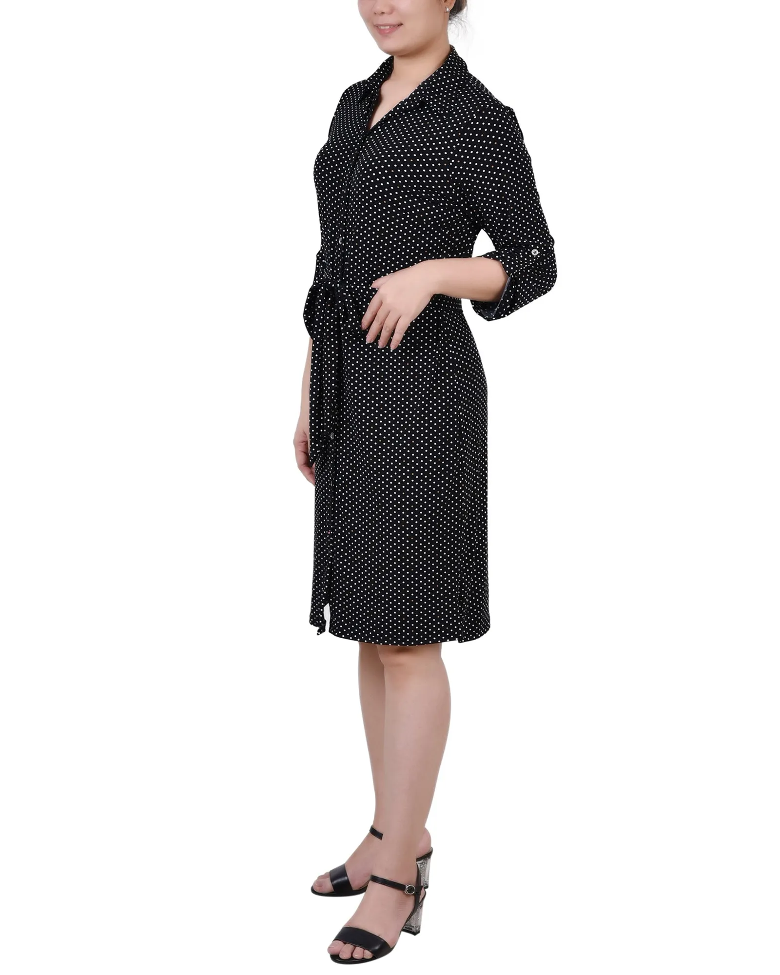 Petite 3/4 Roll Tab Sleeve Collared Dress