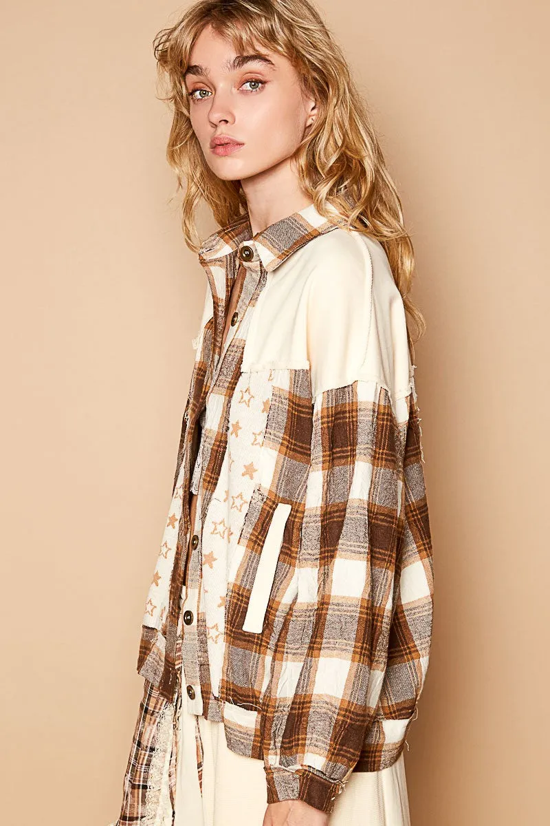 Plaid & Star Patchwork Contrast Long Sleeve Shacket