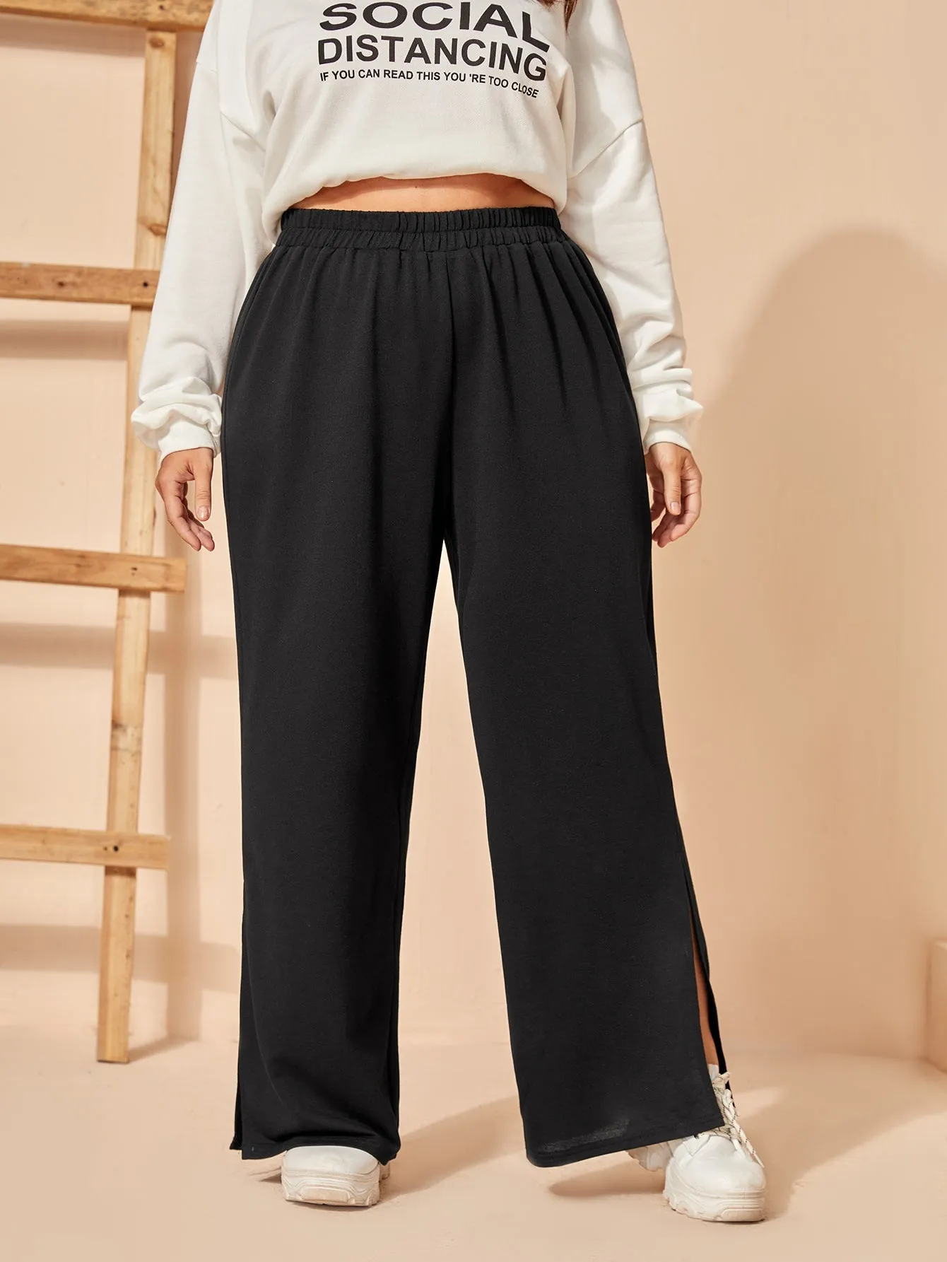 Plain Split High Waist Long Plus Size Sweatpants