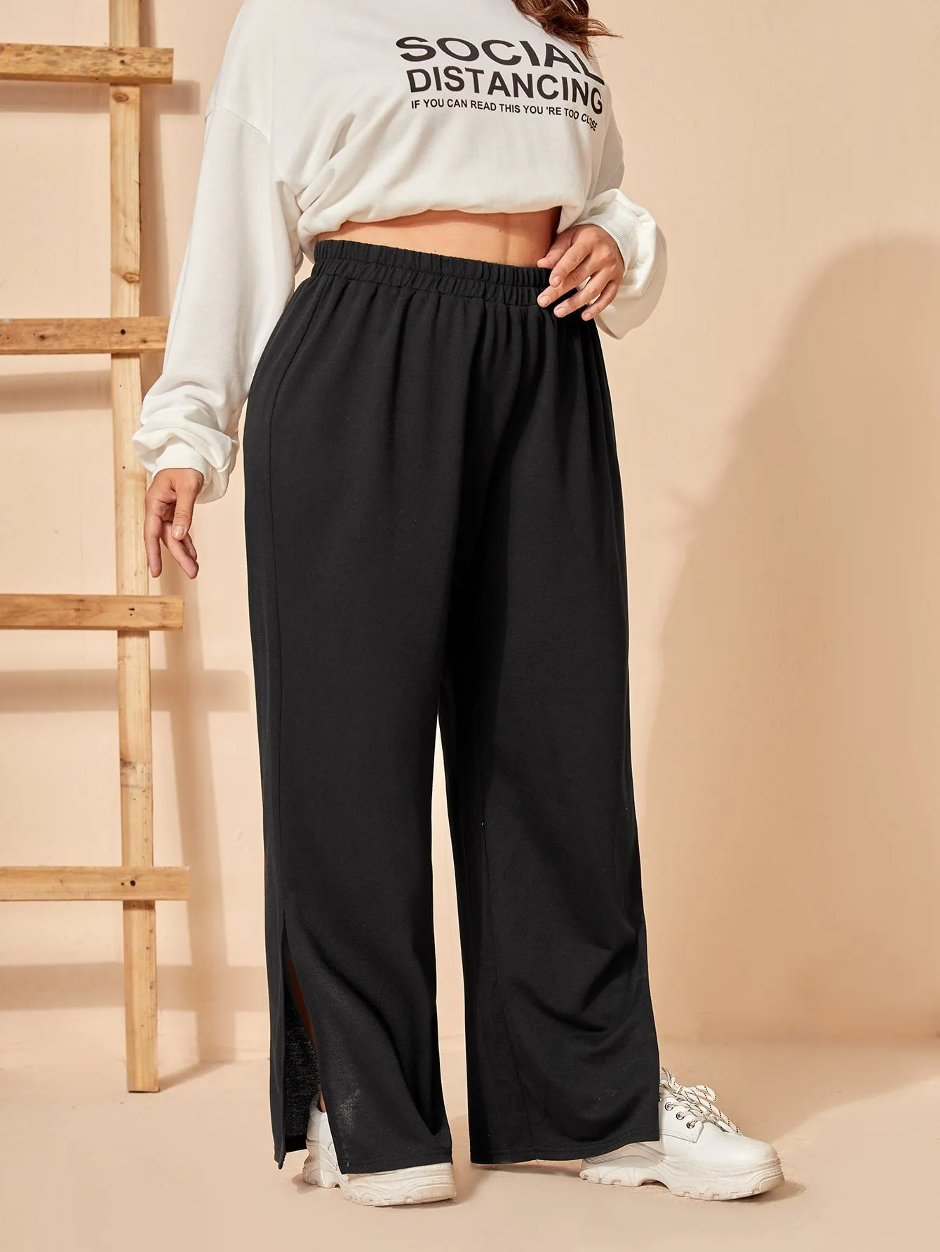 Plain Split High Waist Long Plus Size Sweatpants