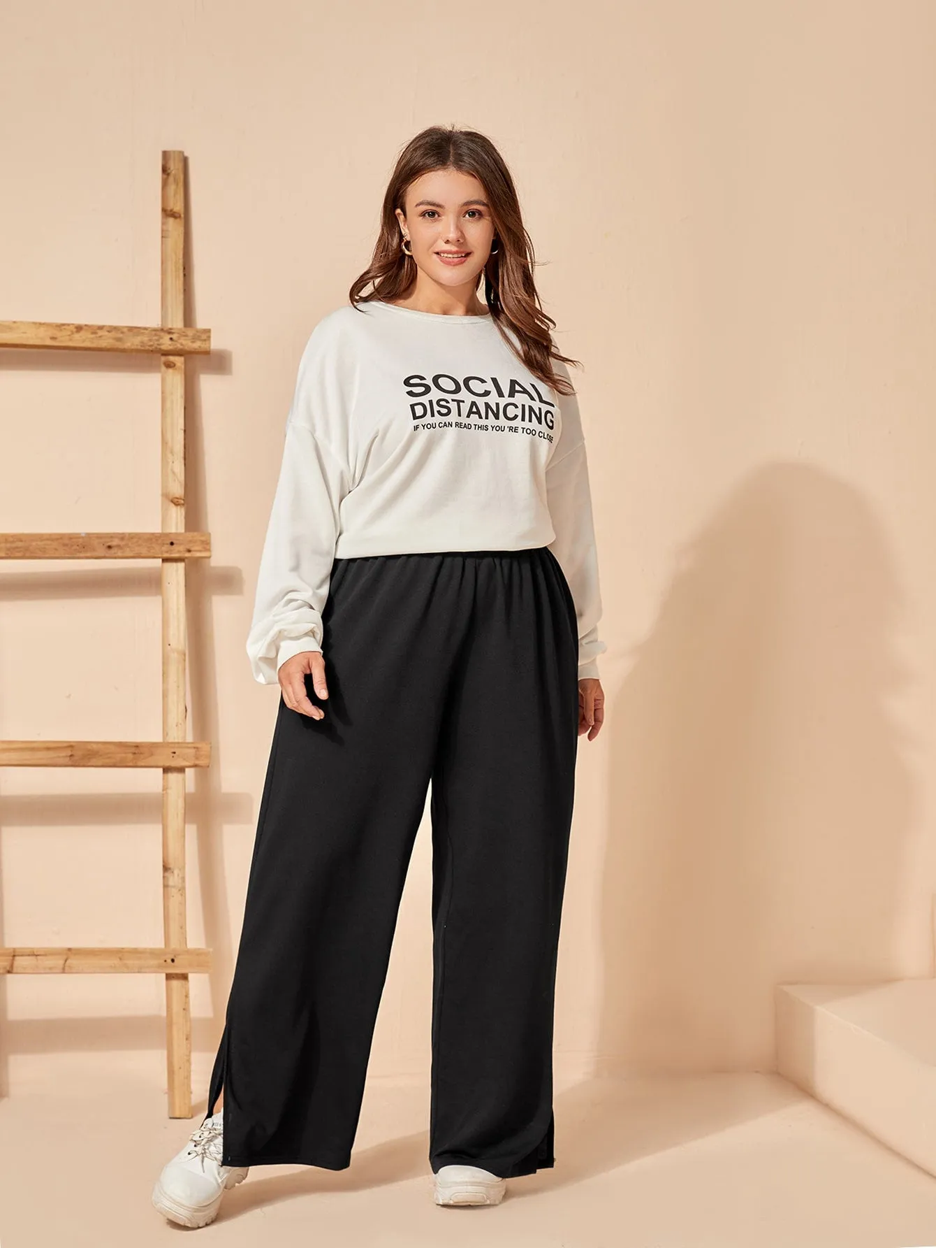 Plain Split High Waist Long Plus Size Sweatpants