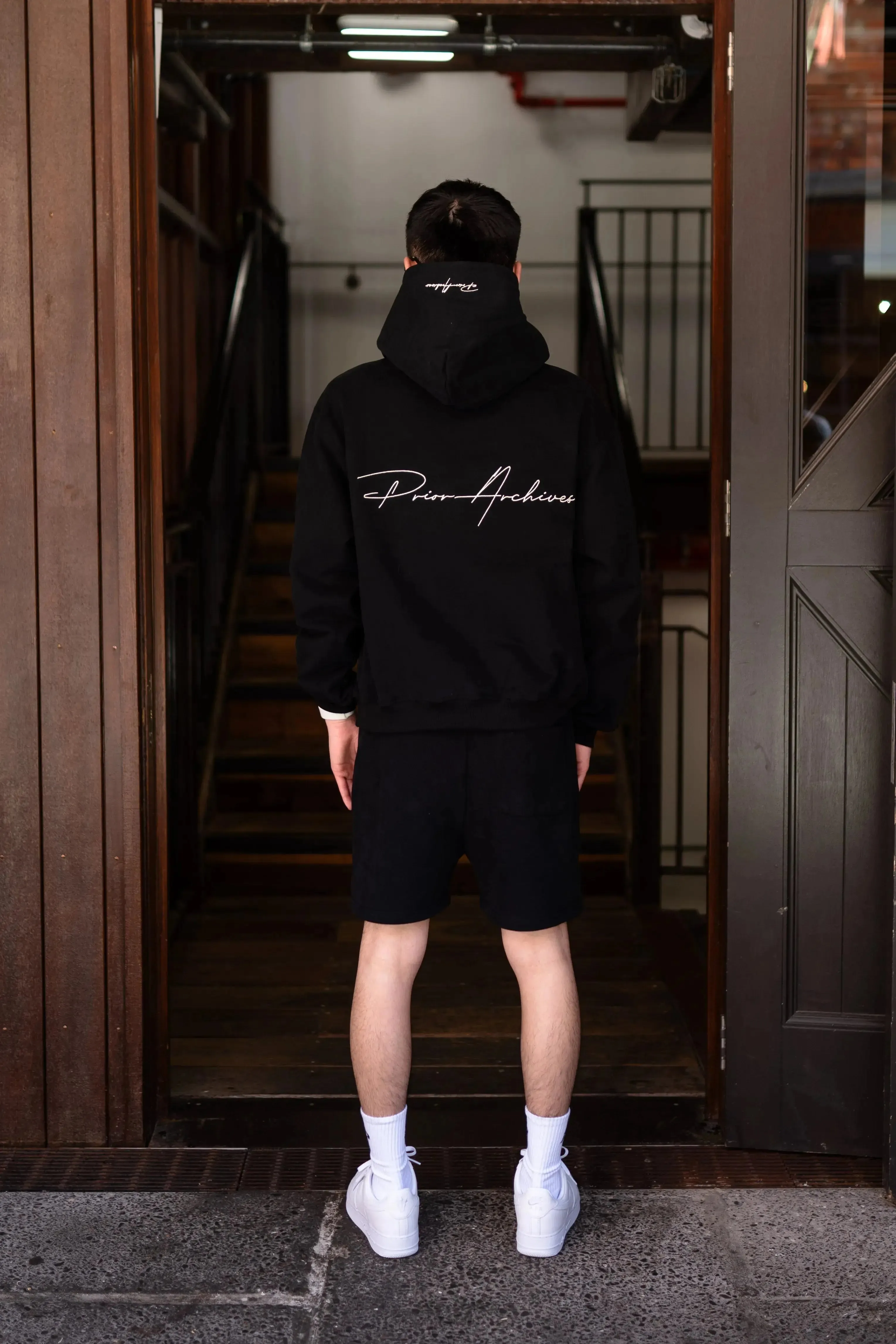 Prior Embroidery Logo Oversized Cropped Hoodie Sesame