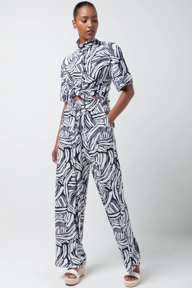 Relaxed Printed Viscose Pant Navy