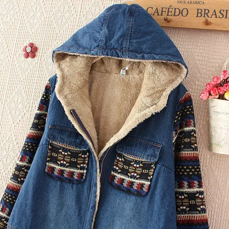 Retro Color-blocked Sleeve Printed Hooded Denim Cotton Coat