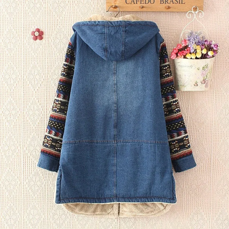 Retro Color-blocked Sleeve Printed Hooded Denim Cotton Coat