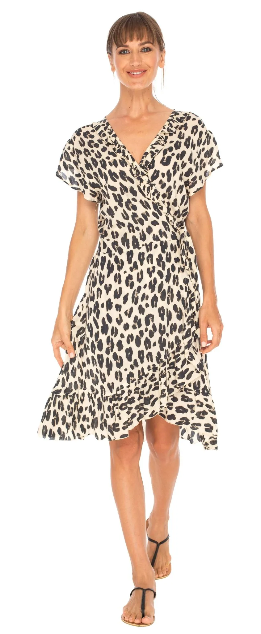 SHU-SHI Women's Flowy Short Leopard Print Wrap Dress with Cap Sleeves & Ruffle Trim