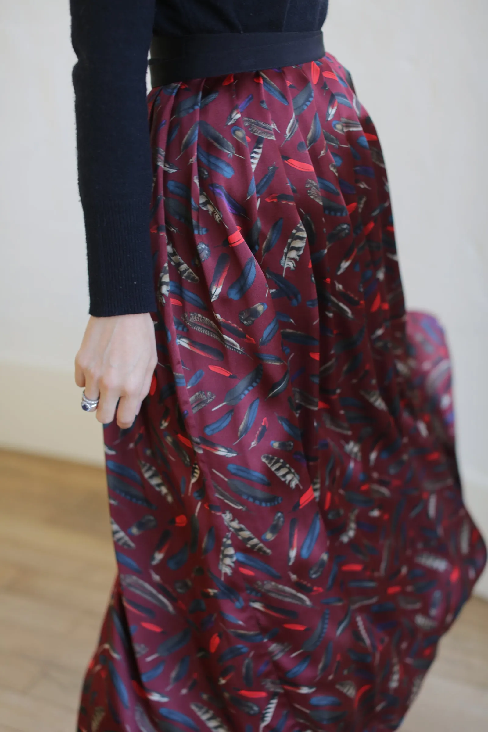 Silk Charmeuse Pleated Wrap Skirt | Feather Print Burgundy