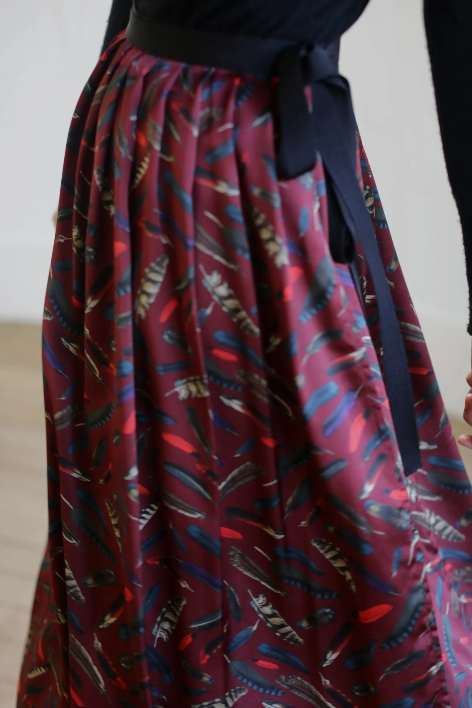 Silk Charmeuse Pleated Wrap Skirt | Feather Print Burgundy