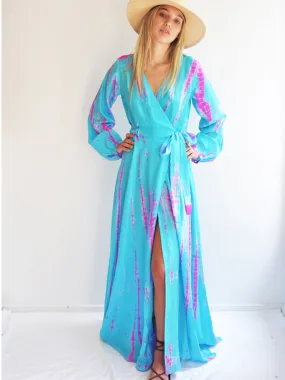 Silk Long Sleeve Wrap Dress - Aqua Flamingo