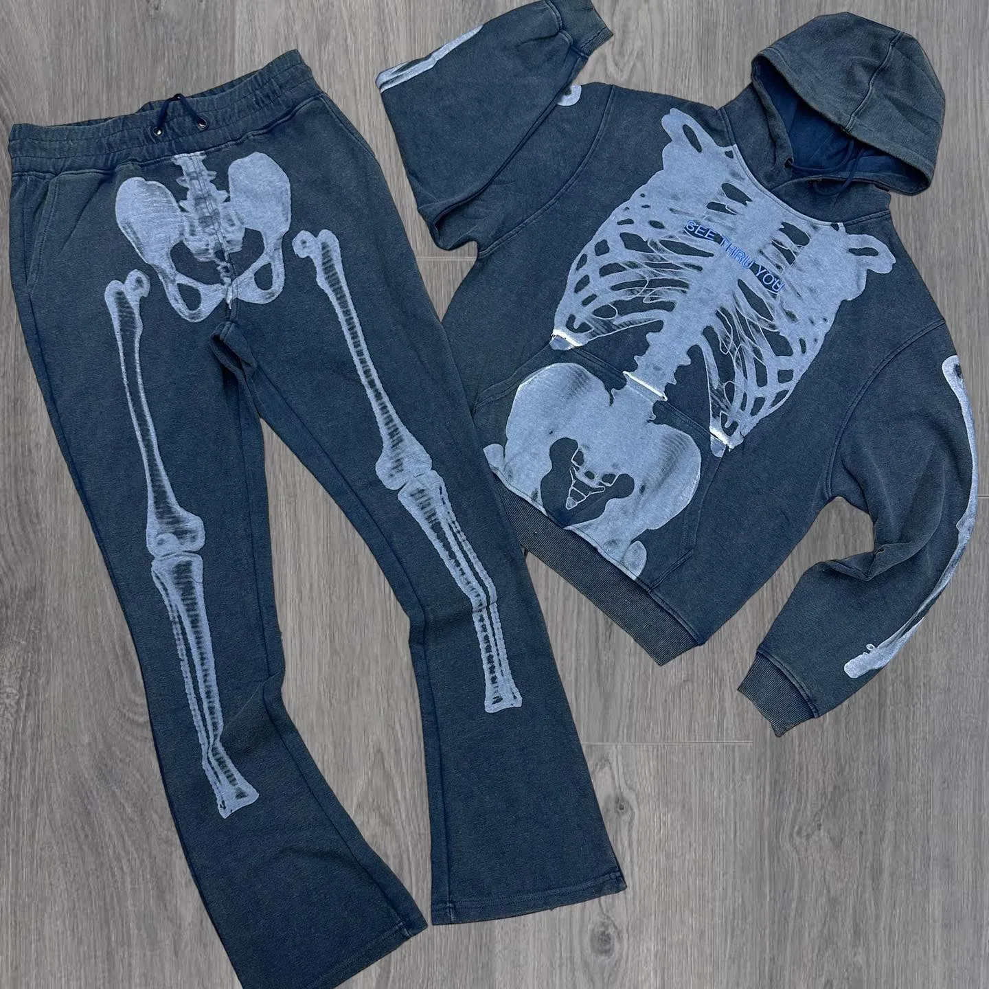 Skeleton casual street retro hoodie trousers sports two-piece suit