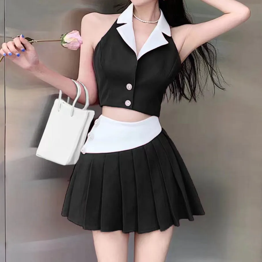 Sleeveless Blazer High Waist Pleated Skirt Set