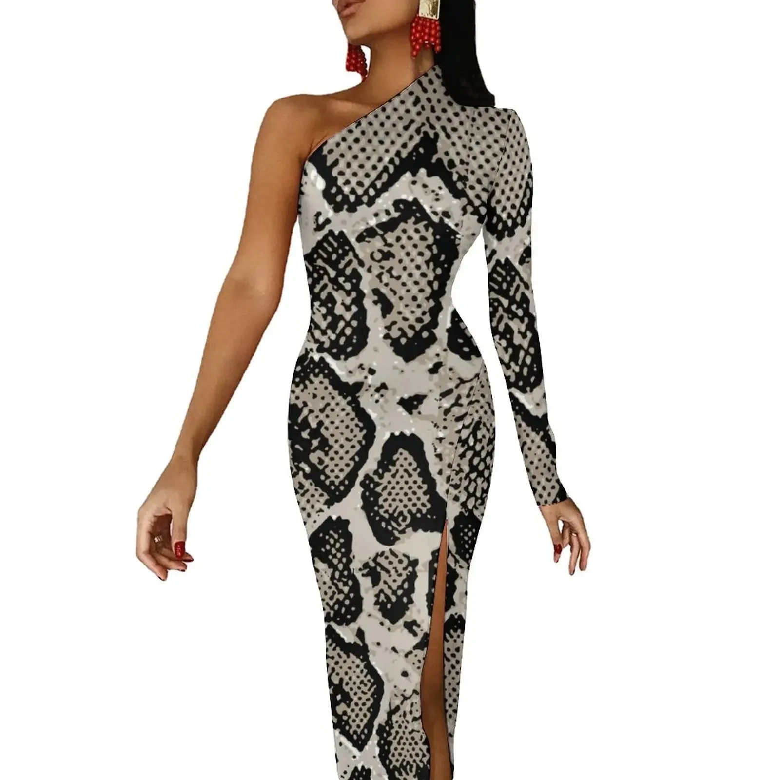 Snakeskin Bodycon Dress Summer Greys and Silvers Retro High Slit Long Dresses Long Sleeve Graphic Aesthetic Dress