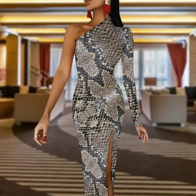 Snakeskin Bodycon Dress Summer Greys and Silvers Retro High Slit Long Dresses Long Sleeve Graphic Aesthetic Dress