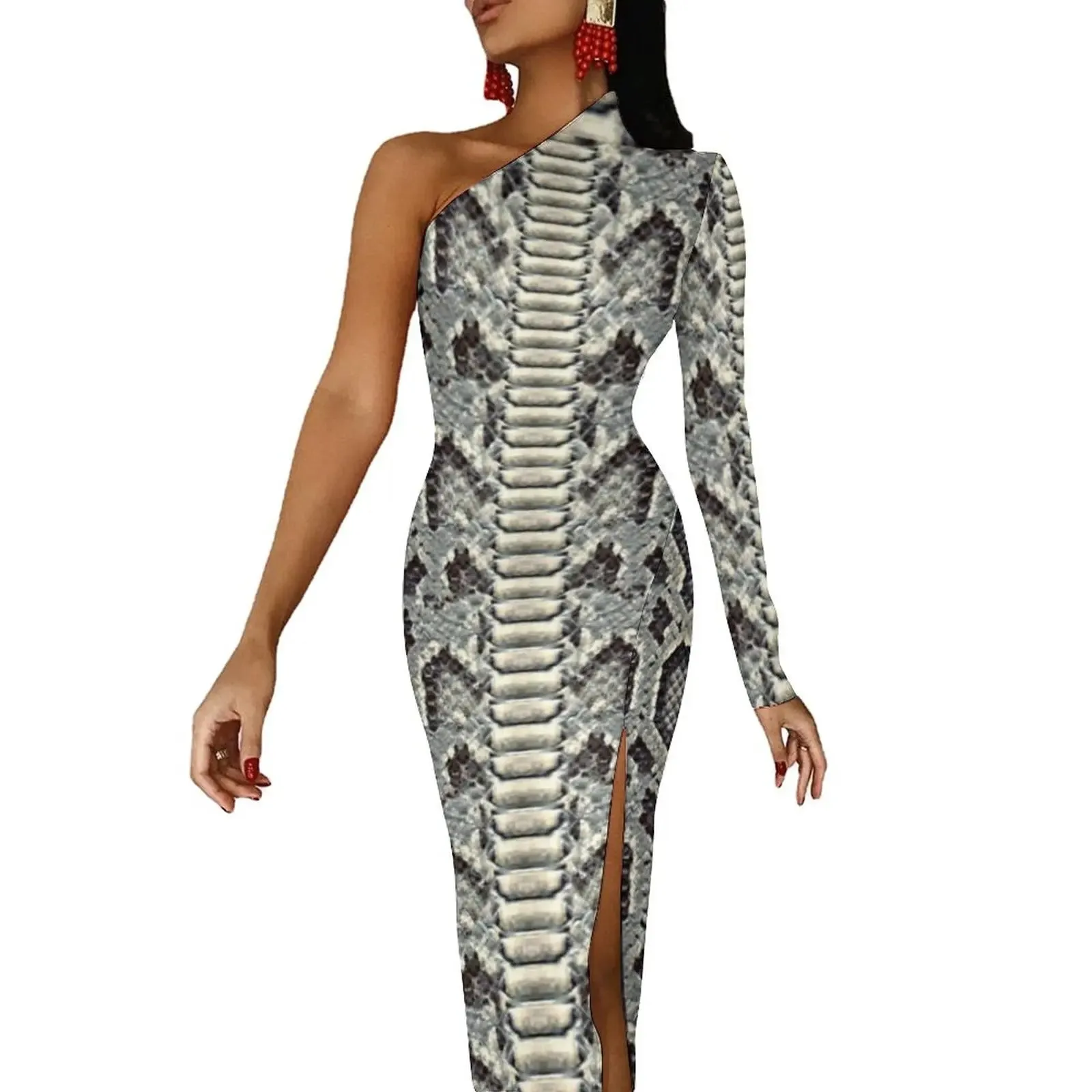 Snakeskin Bodycon Dress Summer Greys and Silvers Retro High Slit Long Dresses Long Sleeve Graphic Aesthetic Dress