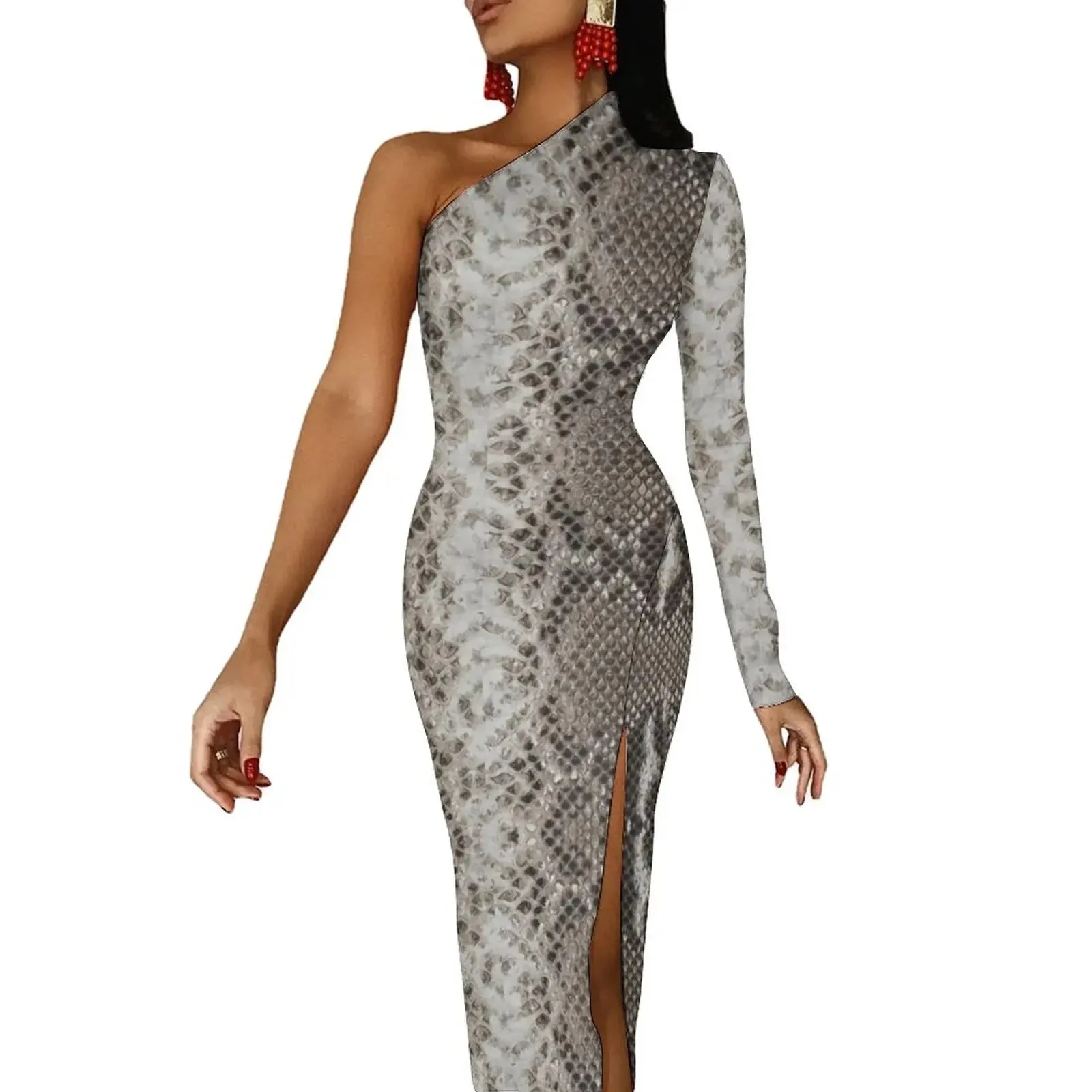 Snakeskin Bodycon Dress Summer Greys and Silvers Retro High Slit Long Dresses Long Sleeve Graphic Aesthetic Dress