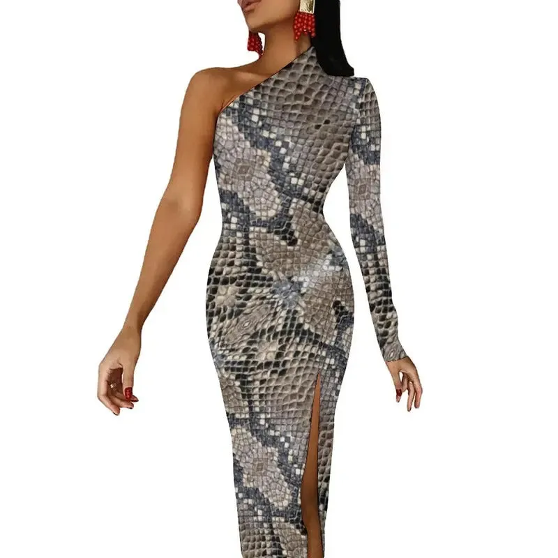 Snakeskin Bodycon Dress Summer Greys and Silvers Retro High Slit Long Dresses Long Sleeve Graphic Aesthetic Dress