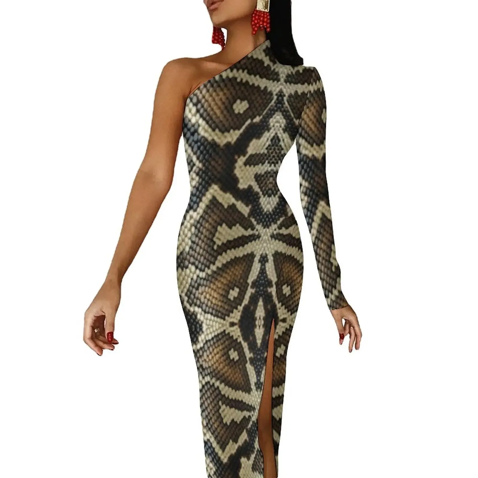 Snakeskin Bodycon Dress Summer Greys and Silvers Retro High Slit Long Dresses Long Sleeve Graphic Aesthetic Dress