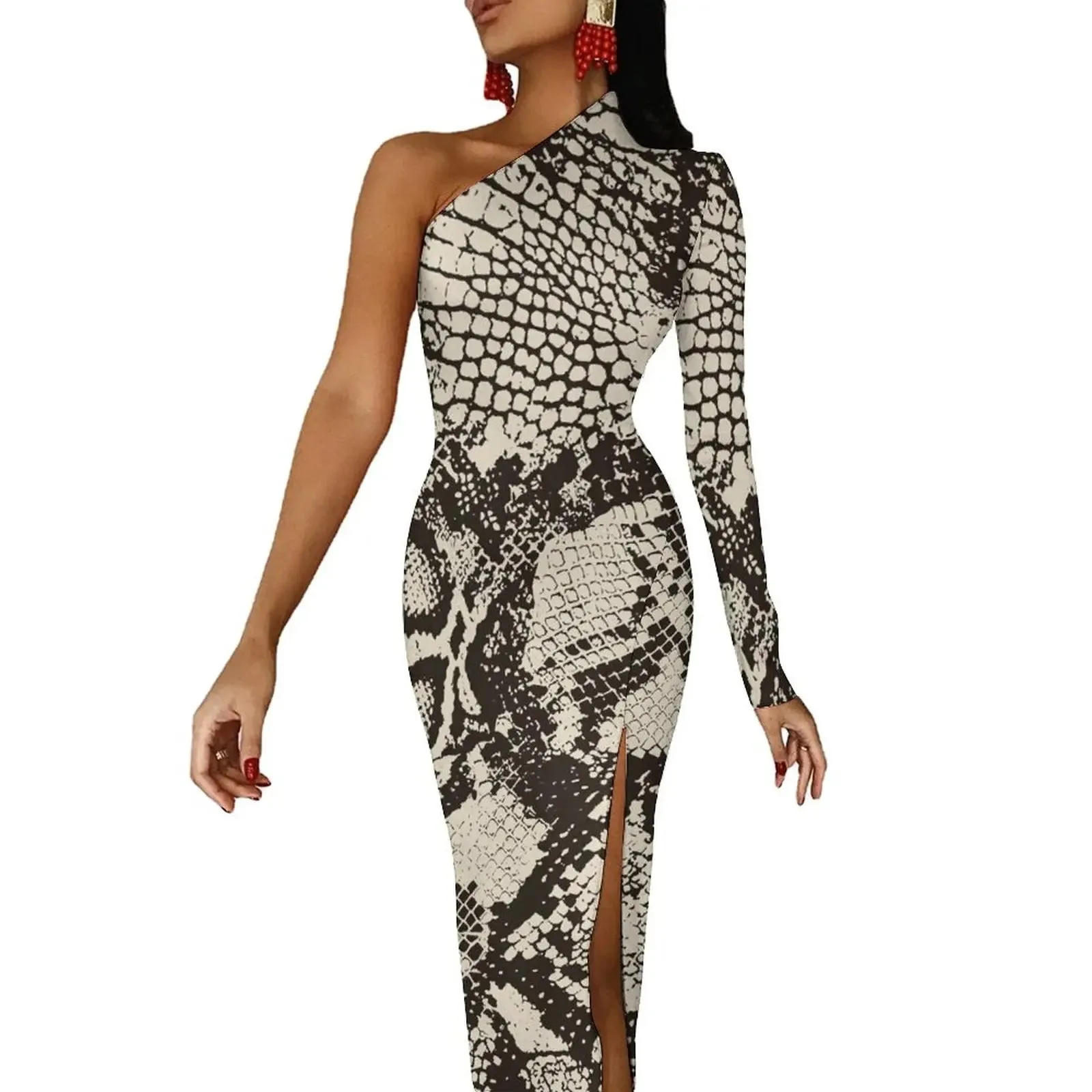 Snakeskin Bodycon Dress Summer Greys and Silvers Retro High Slit Long Dresses Long Sleeve Graphic Aesthetic Dress