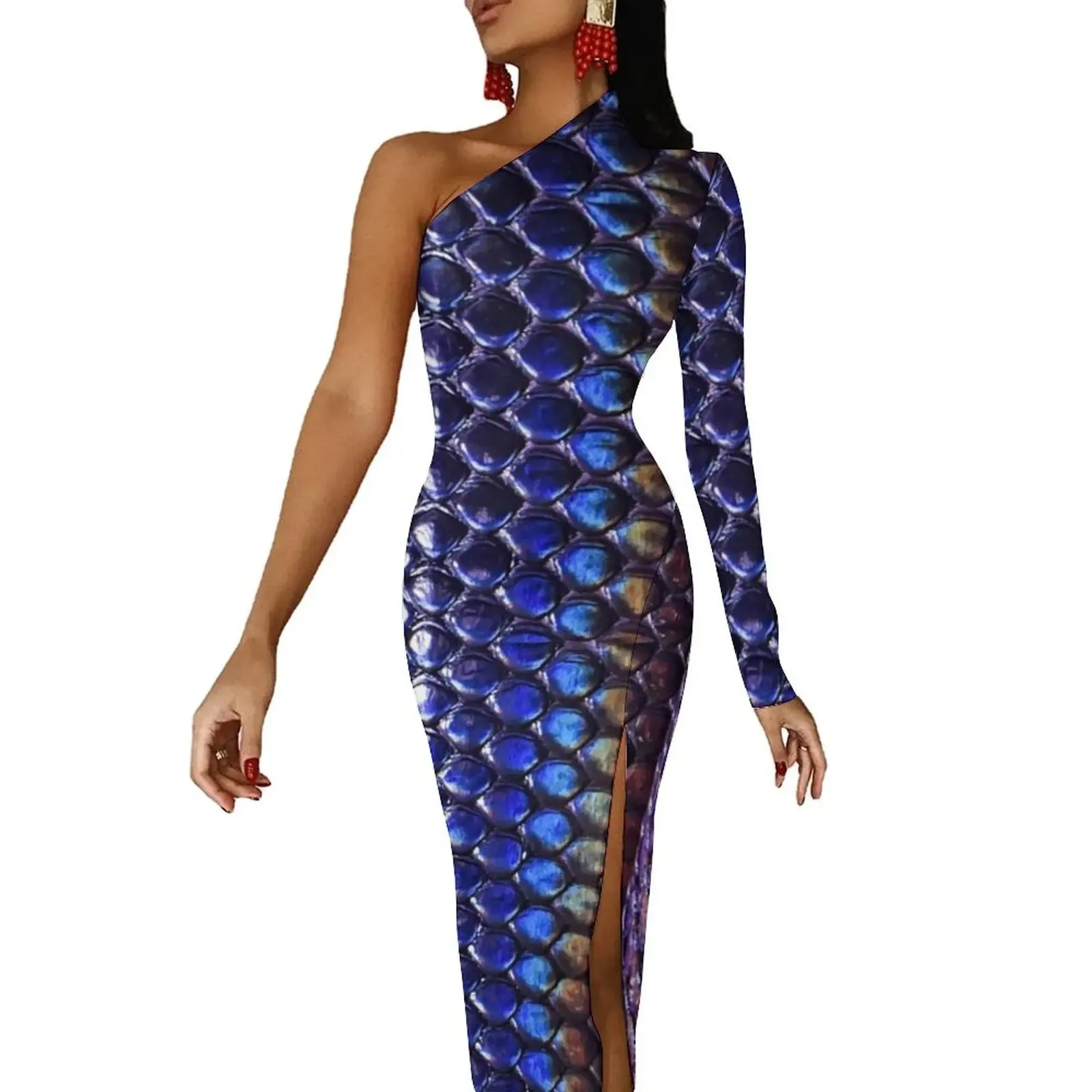 Snakeskin Bodycon Dress Summer Greys and Silvers Retro High Slit Long Dresses Long Sleeve Graphic Aesthetic Dress