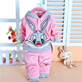 Spring baby set cartoon rabbit velvet set twinset long sleeve set hoodie and pant children clothing