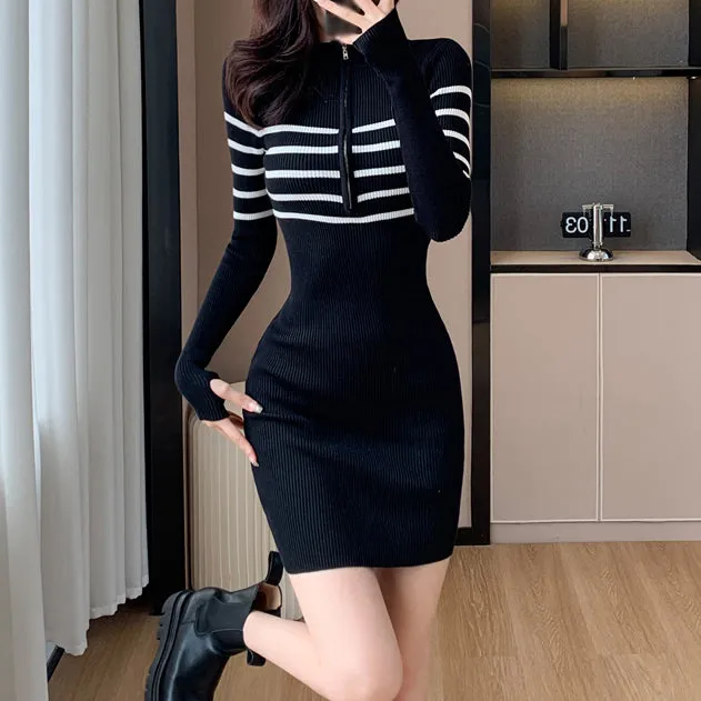 Stretch-Zip Bodycon Knit Turtleneck Long-Sleeve Dress