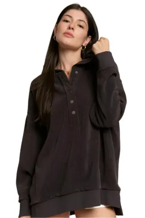 TEEK - Plus Size Button Down Ribbed Hooded Sweatshirt