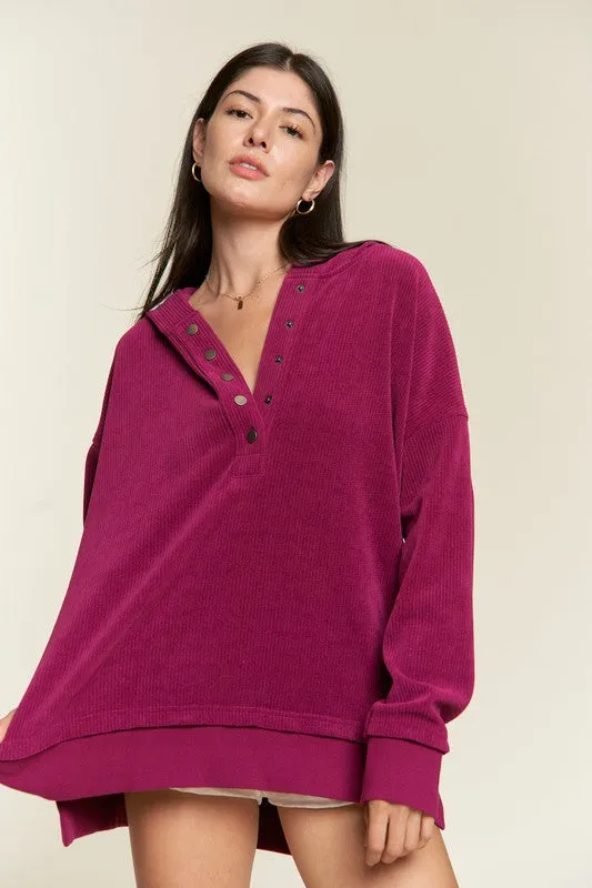 TEEK - Plus Size Button Down Ribbed Hooded Sweatshirt