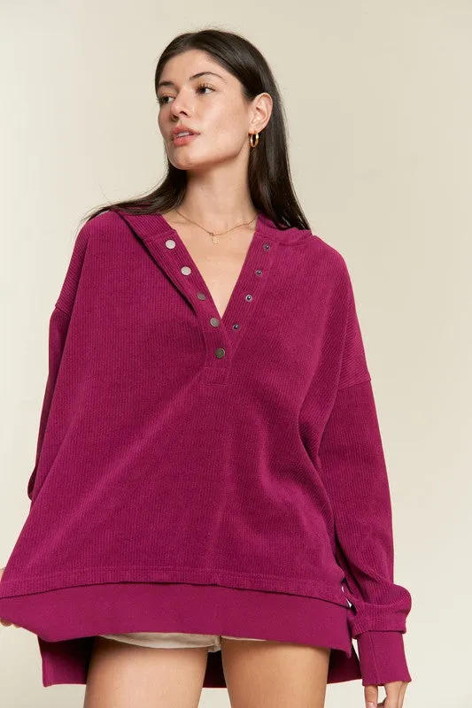 TEEK - Plus Size Button Down Ribbed Hooded Sweatshirt