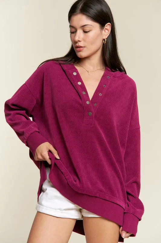 TEEK - Plus Size Button Down Ribbed Hooded Sweatshirt