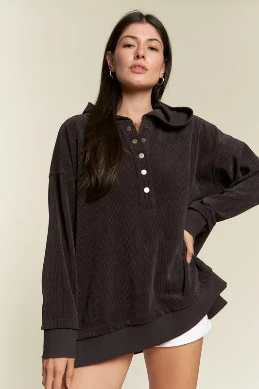 TEEK - Plus Size Button Down Ribbed Hooded Sweatshirt