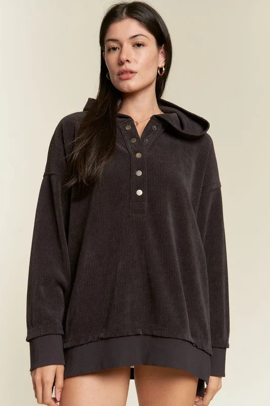 TEEK - Plus Size Button Down Ribbed Hooded Sweatshirt