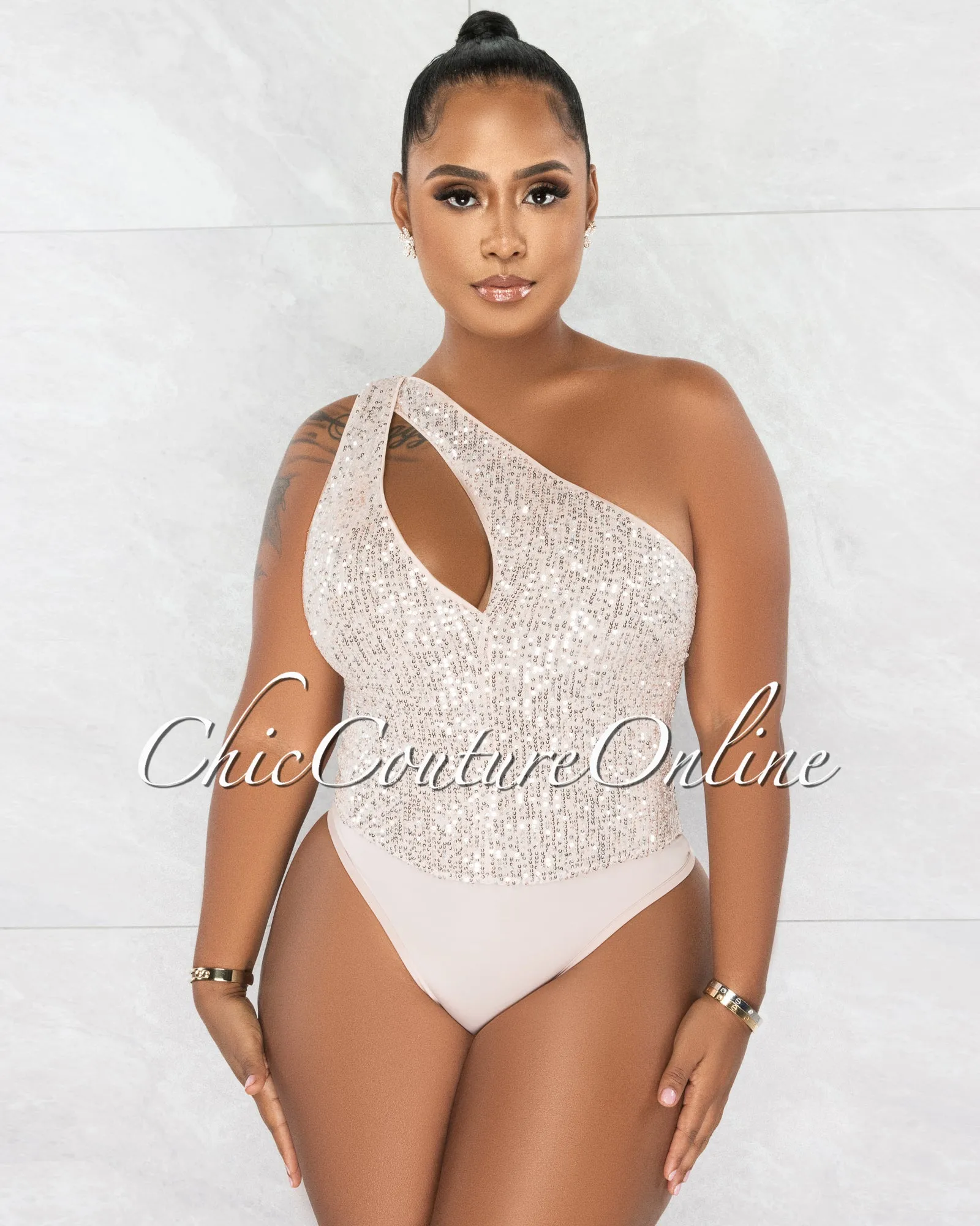 *Terena Nude Silver Sequins Key-Hole Bust Bodysuit