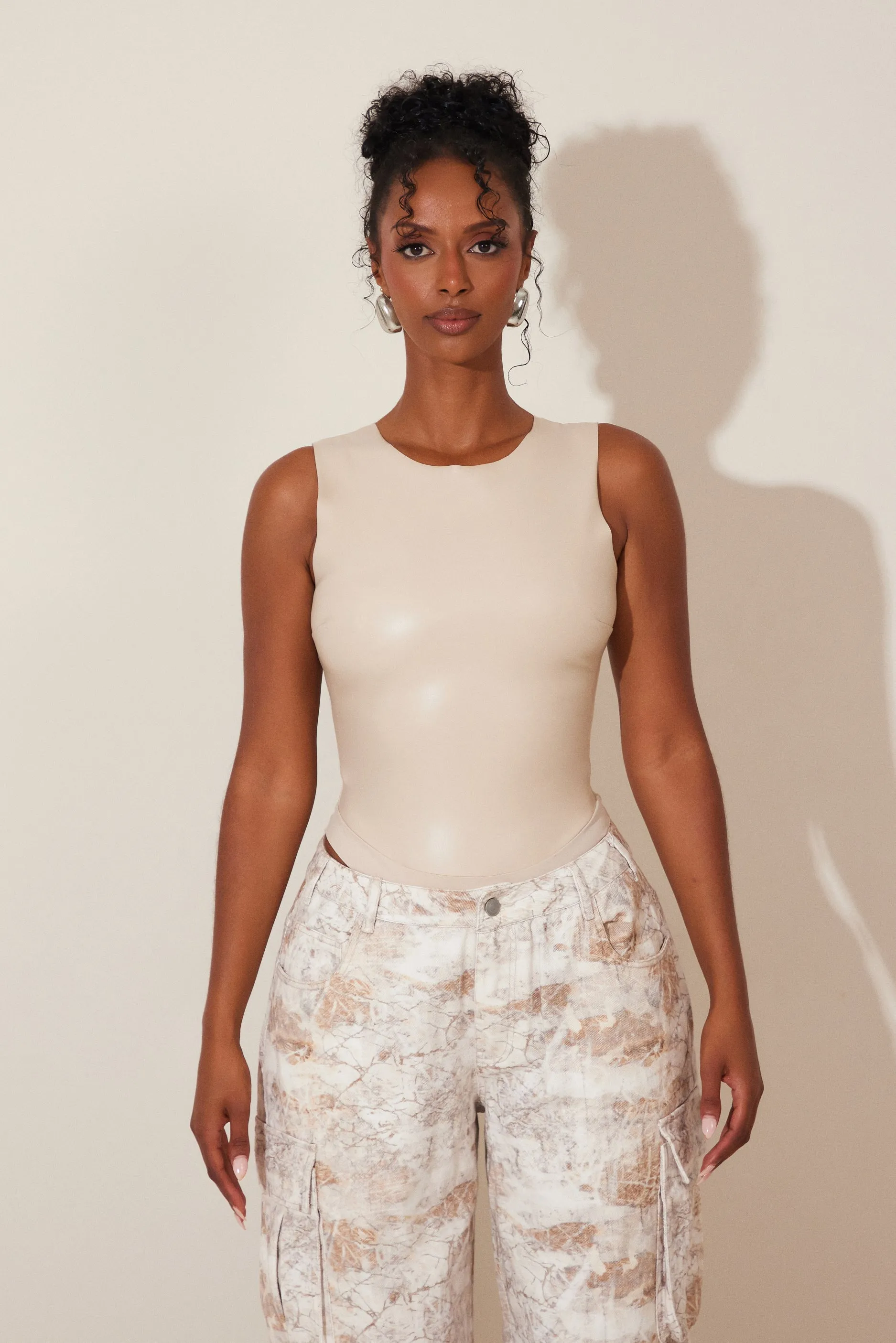 The Dominique Leather Bodysuit- Cream