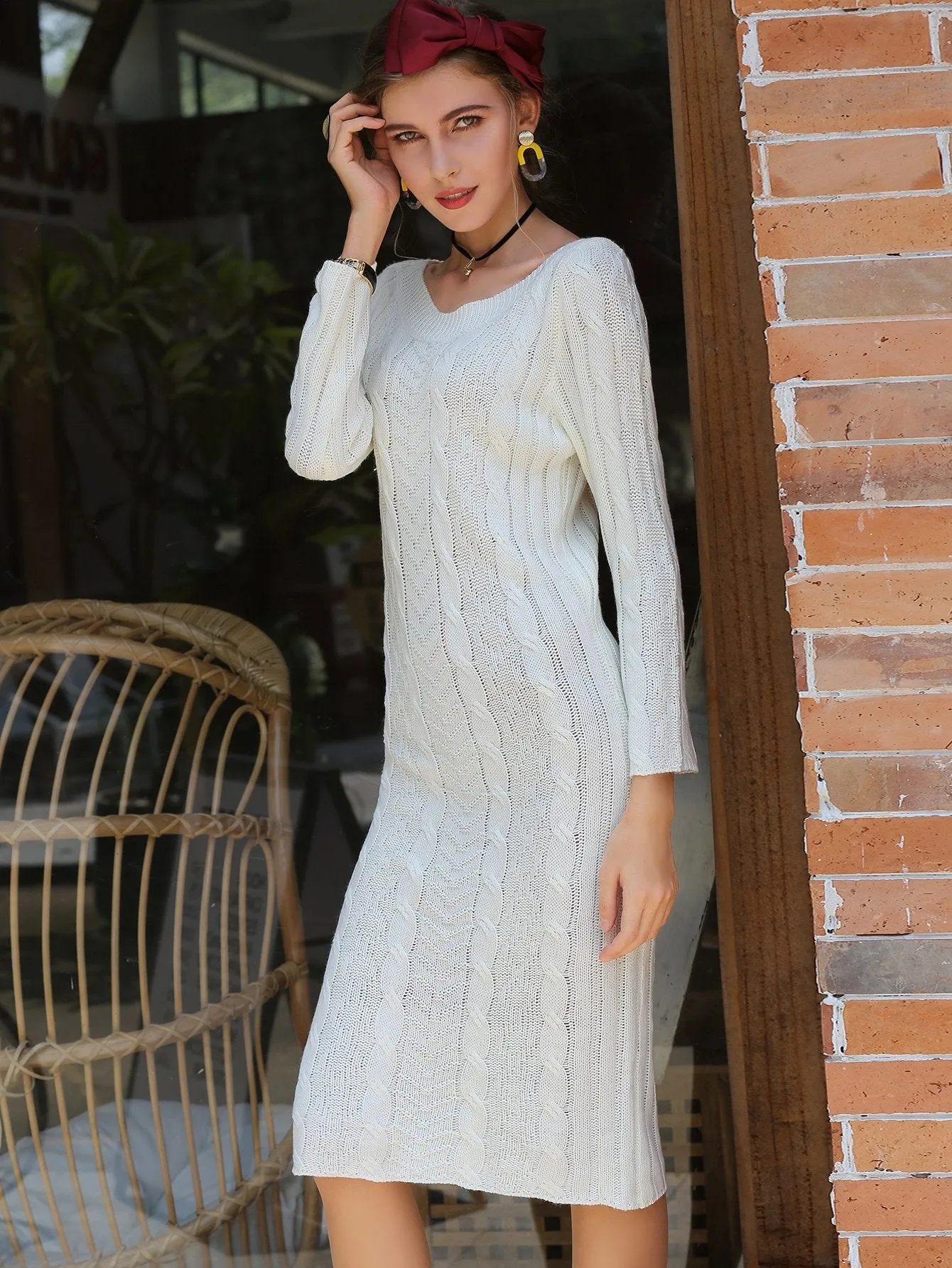 V-neck Cable Knit Fitted Jumper Dress